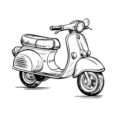 Vintage scooter sketch in black and white, hand-drawn retro motorbike illustration on white background
