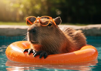 A capybara wearing sunglasses and relaxing in a pool on an orange inflatable ring. This image is a perfect example of the capybara's love for water, and it's sure to bring a smile to anyone's face.