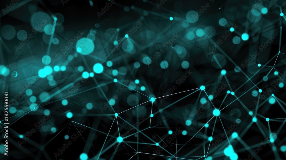 Poster abstract picture of turquoise particle with sparkle atom style design connect and flow show energy d