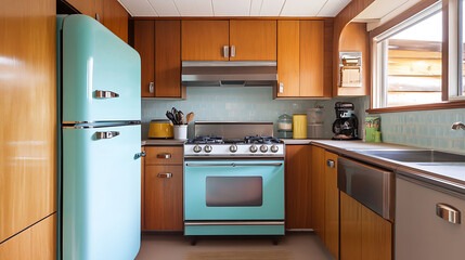 Fototapeta premium Retro modern kitchen with vintage appliances and clean modern finishes wooden textures horizontal view