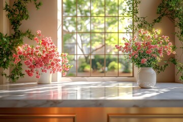 Fototapeta premium Sunlight floods a spacious kitchen featuring a polished countertop and a delicate floral arrangement. 