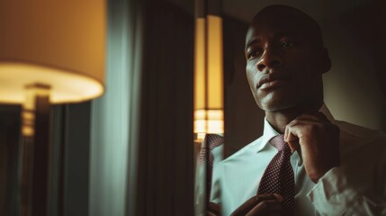 A man is getting ready for work, putting on a tie and adjusting it