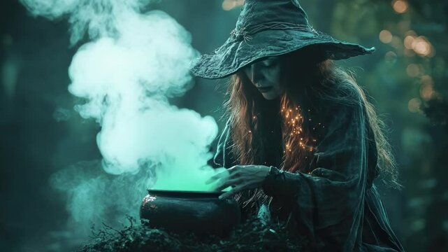 Enchanted Brewing: A mysterious witch, cloaked in shadows, stirs a cauldron emitting ethereal green smoke in a dark, enchanted forest. The scene is filled with an air of mystery and magic.