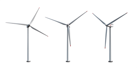 Three wind turbines isolated on white background PNG , AI GENERATED