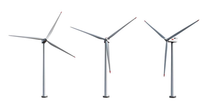 Three wind turbines isolated on white background PNG , AI GENERATED