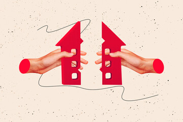 Creative sketch artwork collage of hands separate half building home loss refugee relocation...