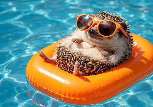 A cute hedgehog enjoys summer in the pool, relaxing on an inflatable ring