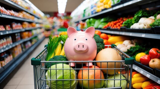 Pink piggy bank sitting in a grocery cart full of fresh produce symbolizing saving money on groceries
