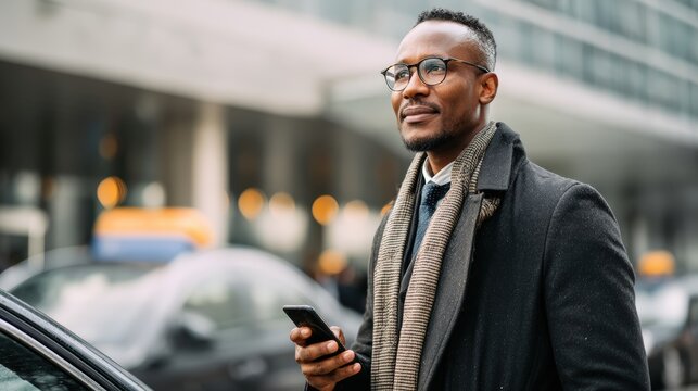 A man wearing a black coat and glasses is holding a cell phone - Powered by Adobe