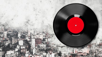 Obraz premium Black vinyl record on textured wall over grunge cityscape background concept.