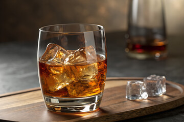 Realistic whiskey glass filled with amber liquid, isolated on a transparent background. Ideal for bar menus, alcohol branding, cocktail visuals, beverage ads, or elegant drinking concept designs.
