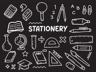 Set of icons with Stationery theme. With doodle style. For layout, website, graphic design.