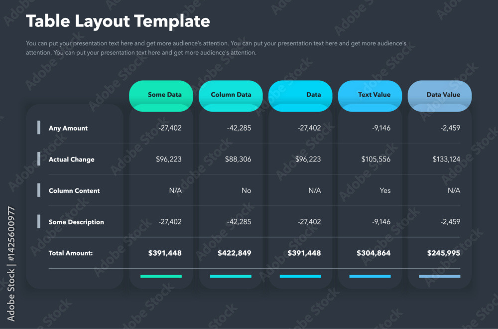 Poster Table layout template with five options and a total amount row - dark version. Simple flat template for project data visualization.