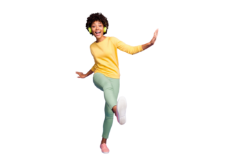 Full length body size view of nice attractive cheerful cheery crazy clumsy wavy-haired girl listening music having fun strolling fooling dancing isolated on violet purple lilac pastel color background