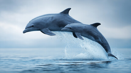 Fototapeta premium Dancing Duo: Two dolphins leap through the water, embodying freedom, joy, and the magic of the ocean. Capture the essence of marine life with their sleek forms and vibrant energy.