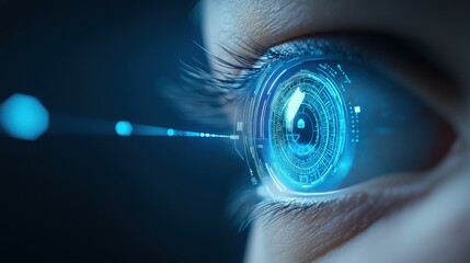 Close-up of a male eye with a futuristic digital overlay, emphasizing technology and vision.