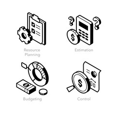 Simple set of isometric line icons for cost management. Contains such symbols as Resource Planning, Estimation, Budgeting and Control.