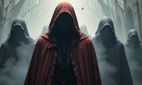 Hooded figure in red cloak standing in misty forest with others in shadows behind, mysterious ambiance