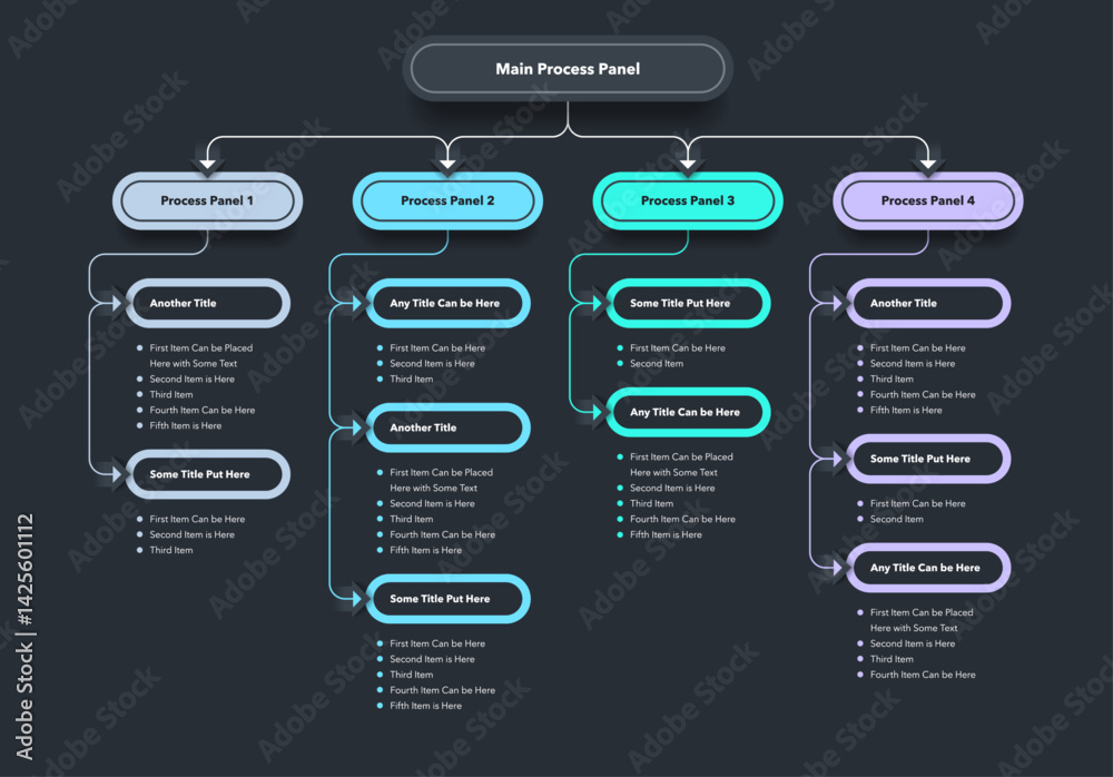 Poster Modern infographic for project or organization structure - dark version. Simple flat template with four colourful options for website or data presentation.