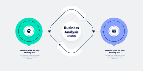 Simple infographic for business analysis with two stages. Flat diagram with minimalistic icons for comparison of 2 options.