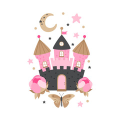Print with a fairytale castle and romantic elements. Printing on children's clothing and for personal design.