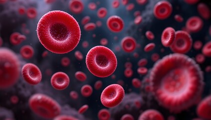 3D rendering of red blood cells flowing through the bloodstream, illustrating circulation within blood vessels. A conceptual visualization for medical and healthcare applications.