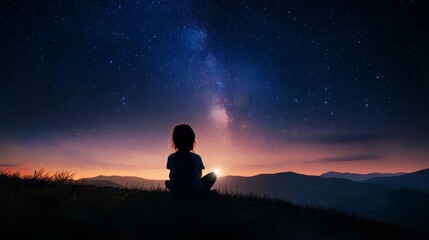 Fototapeta premium A child gazing at the night sky, connecting star constellations with a flashlight, learning the basics of astronomy,