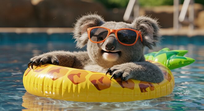 A cool koala chilling and enjoying the pool wearing shades. A koala is having a relaxing summer in the pool.