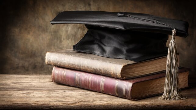 A graduation cap positioned on a stack of books representing entrepreneurship curriculum and educational programs