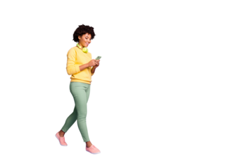 Full length body size view of her she nice attractive lovely cheerful cheery teen wavy-haired girl going listening music top chart isolated over violet purple lilac pastel color background