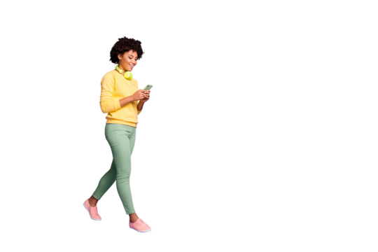 Full length body size view of her she nice attractive lovely cheerful cheery teen wavy-haired girl going listening music top chart isolated over violet purple lilac pastel color background