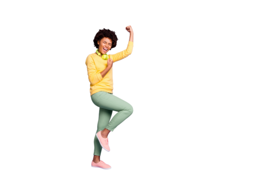 Full length body size view of her she nice attractive cheerful cheery crazy overjoyed dreamy wavy-haired girl listening music celebrating isolated over violet purple lilac pastel color background - Powered by Adobe