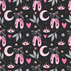 Seamless pattern with pink ballet pointe shoes and romantic elements. Printing on textile and wrapping paper.