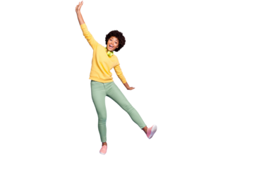 Full size photo of funny funky mulatto girl enjoy fun rest relax on spring weekends have wireless headset want listen music song wear casual outfit sneakers isolated purple violet color background