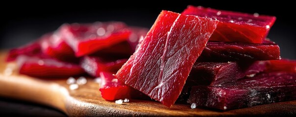 Panorama of fresh pet food featuring fresh beef fodder concept. Delicious slices of savory meat displayed on rustic wood.