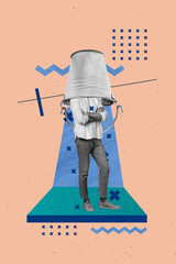 Exclusive illustration artwork collage picture of anonym girl man instead head metallic bucket...