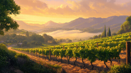 Fototapeta premium Serene vineyard landscape at sunset with rolling hills and misty mountains in the background