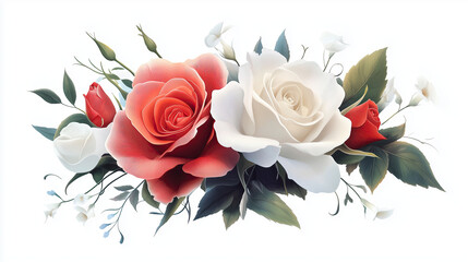 Fototapeta premium Beautiful roses various colors create stunning floral arrangement, showcasing vibrant red and soft white petals, surrounded by delicate greenery