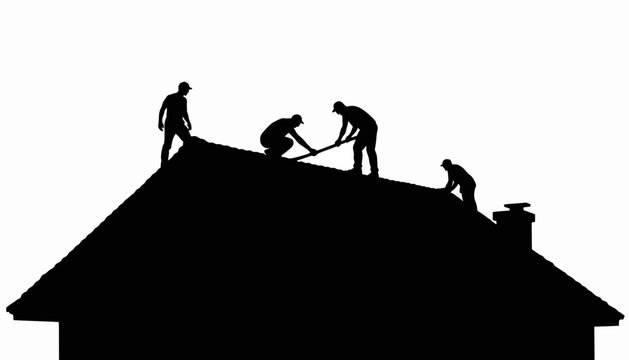 Silhouetted roof repair workers collaborating on summer renovation, teamwork