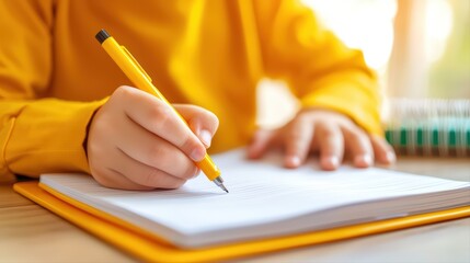Child Writing in Notebook with Yellow Pen on Wooden Table
