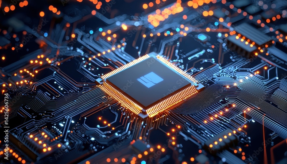 Poster close-up of a microprocessor with illuminated circuit board details.