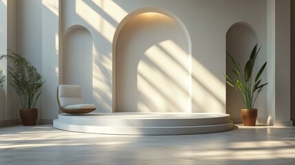 Fototapeta premium Abstract white interior with modern chair and podium for product display, decorated with plants and soft natural light