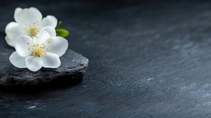 Fototapeta premium Delicate white blossoms on dark stone