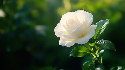 beautiful white rose blooms gracefully, surrounded by lush green foliage, evoking sense of tranquility and elegance