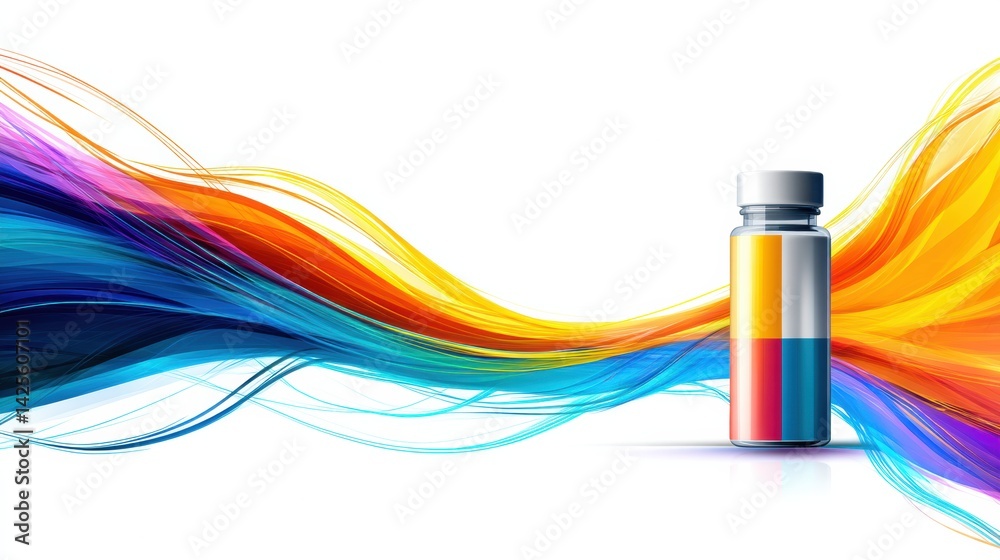 Poster modern pill bottle with vibrant colors flowing around it, representing pharmacy and wellness in a cl