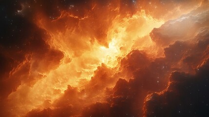 Fiery cosmic clouds of orange and yellow with bright light erupting in the center, surrounded by glowing stars in space