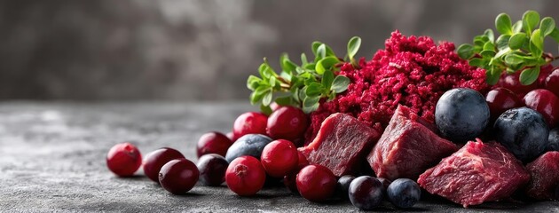 Panorama of fresh pet food featuring fresh beef fodder concept. Vibrant assortment of berries and herbs on a textured surface.