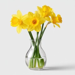 Fototapeta premium A bouquet of fresh blooming yellow daffodils arranged elegantly in a transparent glass vase against a plain background