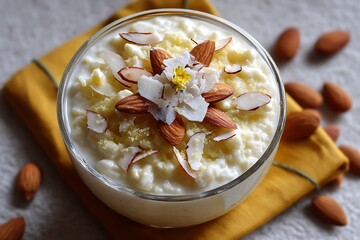 A bowl of creamy rice pudding (kheer) topped with slivered almonds and a pinch of cardamom, perfect for a sweet Eid dessert, served with a cold glass of sweet lassi
