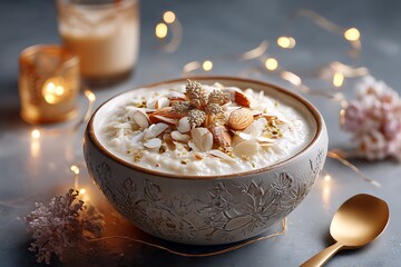 A bowl of creamy rice pudding (kheer) topped with slivered almonds and a pinch of cardamom, perfect for a sweet Eid dessert, served with a cold glass of sweet lassi, accompanied by Eid-themed 